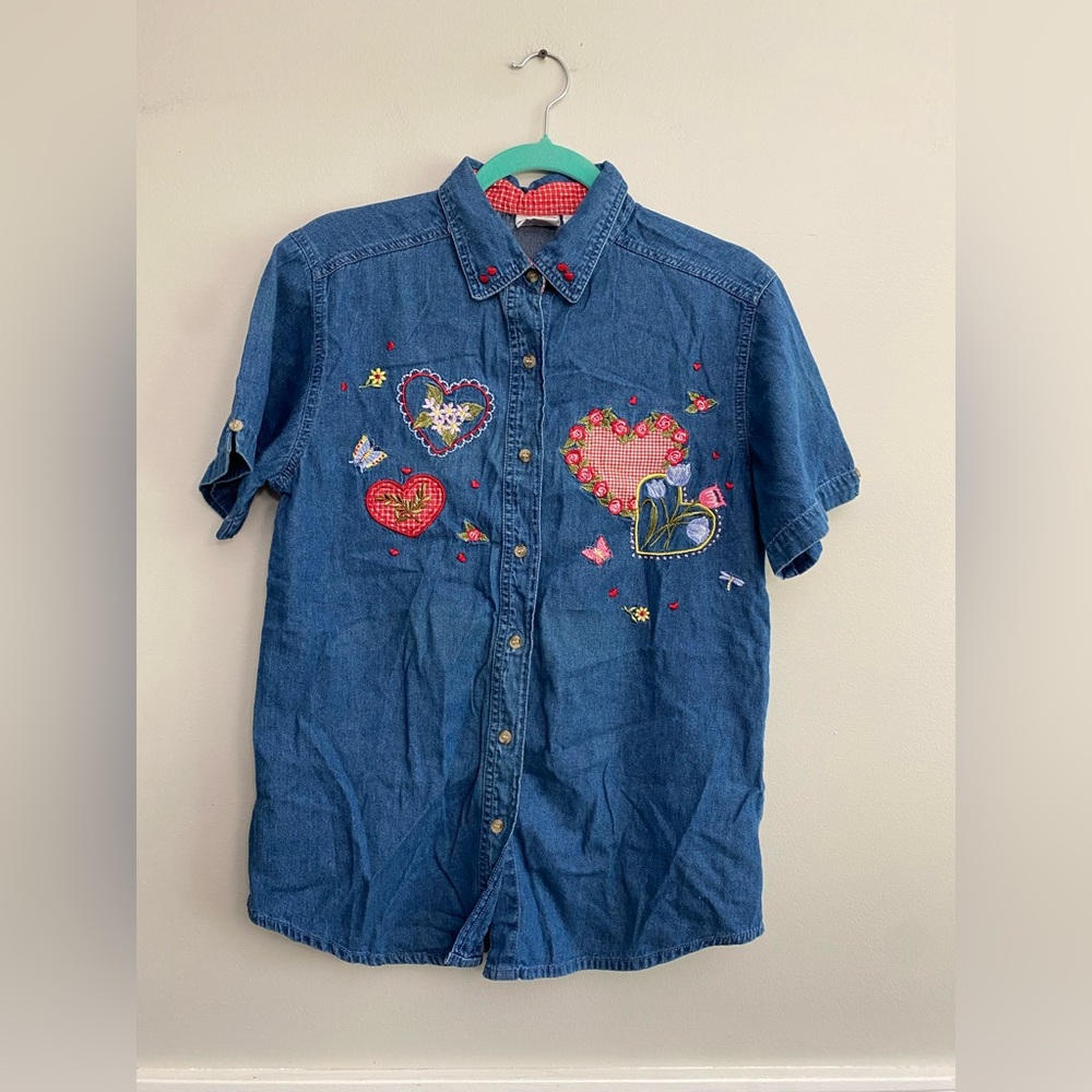 Vintage Women’s Embroidered Valentine’s Day Heart Cotton Shirt - S